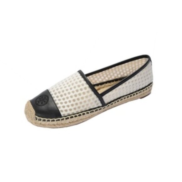 Tory Burch Espadrilles Women Size 6.5 US Black‎ White Mesh Vegan Leather Grenada - Picture 3 of 10